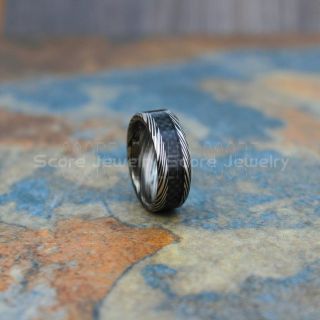 Damascus Steele Ring, Carbon Fiber Ring, Black Tungsten Ring, Black Wedding Band, Black Tungsten Ring with Black Carbon Fiber Inlay Ring