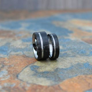 Black Tungsten Wedding Bands Brushed Finish Off Center Groove, Black Tungsten Wedding Rings, 2 Piece Couple Set Black Tungsten Rings