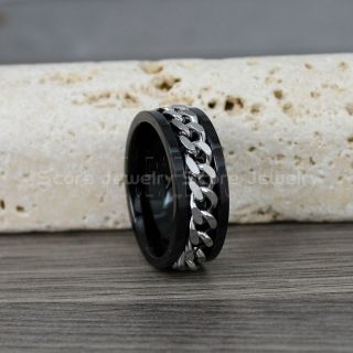 Black Stainless Steel Ring, Spinner Ring with Silver Steel Chain Link Inlay, Black Wedding Band, Black Spinner Ring