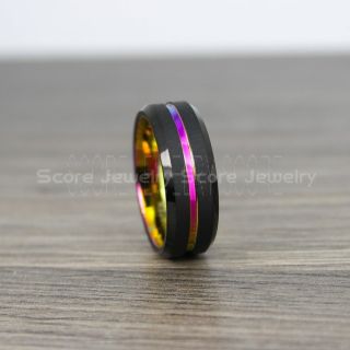 Rainbow Ring, Pride Ring, Black Tungsten Ring with Rainbow Groove, Rainbow Wedding Ring, Rainbow Wedding Band, Black Tungsten Wedding Ring