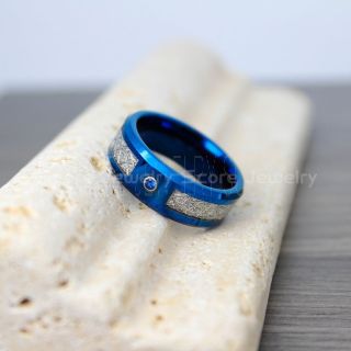 Meteorite Ring, Blue Tungsten Band with Meteorite Inlay and AAAAA CZ Sapphire Stone, Meteorite Wedding Band, Meteorite Wedding Ring, Blue Tungsten Ring, Blue Wedding Band