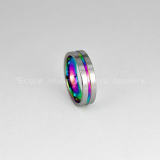 Rainbow Ring, Pride Ring, Pride Jewelry, Rainbow Wedding Band, Silver Tungsten Band Beveled Edge Center Rainbow Groove, 6mm Silver Tungsten Wedding Band