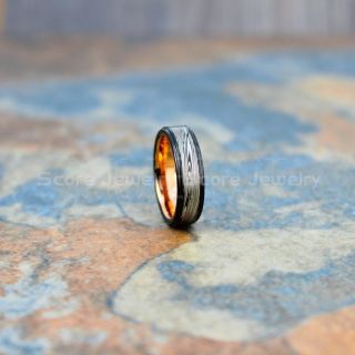 Gunmetal Ring, Damascus Steel Ring, Rose Gold Ring, Rose Gold Tungsten Band, Damascus Steel Pattern Laser Engraved Tungsten Wedding Ring