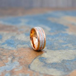 Meteorite Ring, 14K Rose Gold Tungsten Band with Meteorite Inlay, Meteorite Wedding Band, Meteorite Wedding Ring, Rose Gold Tungsten Ring, Rose Gold Wedding Band