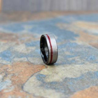 Silver Tungsten Wedding Band Brushed Finish Red Off Center Groove, Silver Tungsten Wedding Ring, Silver Wedding Band