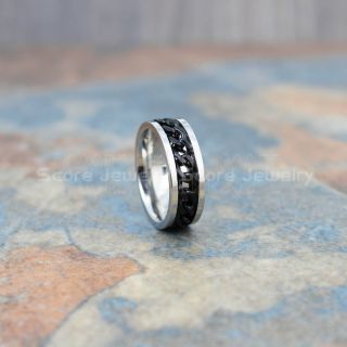 Silver Stainless Steel Ring, Spinner Ring with Black Plated Steel Chain Link Inlay, Silver Wedding Band, Silver Spinner Ring