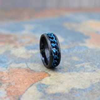 Spinner Ring, Spinner Wedding Ring, Black Stainless Steel Ring with Step Edge and Rotating Blue Center Chain Links, Black Stainless Steel Spinner Ring