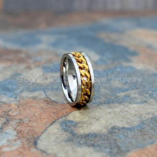 Silver Stainless Steel Ring, Spinner Ring with 14K Yellow Gold Plated Steel Chain Link Inlay, Silver Wedding Band, Silver Spinner Ring