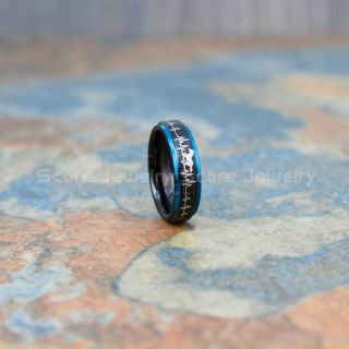 Mustang Ring, Heart Beat and Horse Pattern Ring, Mustang Heartbeat Ring, Equestrian Ring, Horse Lovers Ring, Western Ring, Cowboys Ring, Black Tungsten Ring, Black Wedding Band, Horse Wedding Ring