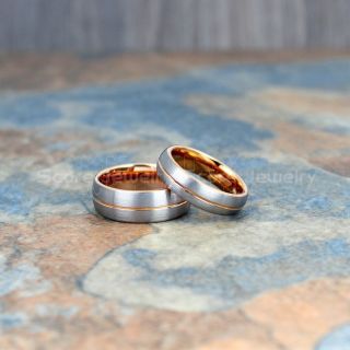 Rose Gold Rings, Rose Gold Wedding Bands, 2 Piece Couple Set Silver Tungsten Rings, Silver Tungsten Wedding Bands with 14K Rose Gold Groove, Silver Wedding Bands, Silver Wedding Rings, Silver Tungsten Wedding Bands