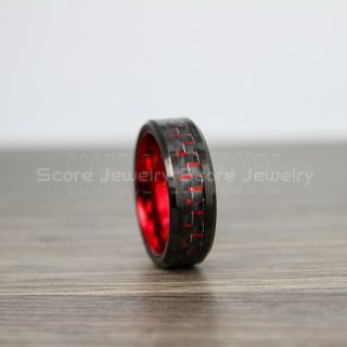 Red Ring, Red Tungsten Ring, Red Wedding Band, Black Tungsten Ring with Red Carbon Fiber Inlay Ring