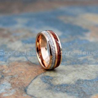 Meteorite Ring, Koa Wood Ring, 14K Rose Gold Tungsten Band with Meteorite Inlay, Meteorite Wedding Band, Meteorite Wedding Ring, Rose Gold Tungsten Ring
