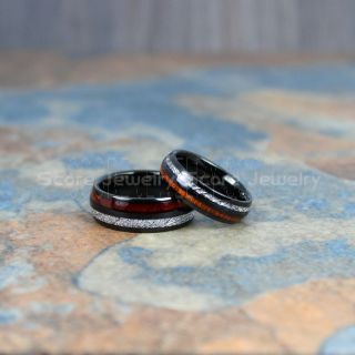 Meteorite Rings, Koa Wood Rings, Wood Wedding Bands, Koa Wood Wedding Rings, 2 Piece Couple Set, Black Tungsten Bands with Meteorite Inlay, Meteorite Wedding Bands, Meteorite Wedding Rings, Black Tungsten Rings