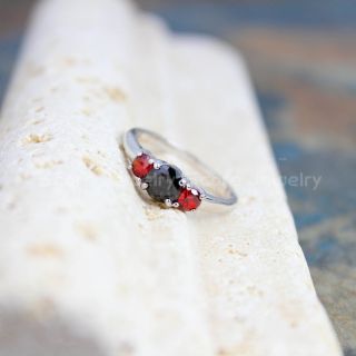 925 Sterling Silver Three Stone Engagement Ring, Sterling Silver Engagement Ring with Obsidian Black Diamond and Garnet CZ Stones