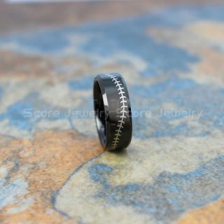 Baseball Ring, Baseball Stitch Pattern Ring, 8mm Black Tungsten Ring, Baseball Jewelry, Black Wedding Band, Black Wedding Ring