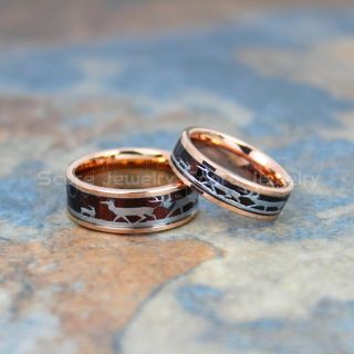 Deer Hunting Ring, Elk Hunting Ring, Deer Hunting Tungsten Ring, 2 Piece Couple Set Koa Wood Rings with Deer Family Inlay Tungsten Wood Ring Buck Ring Doe Ring Deer Wedding Ring