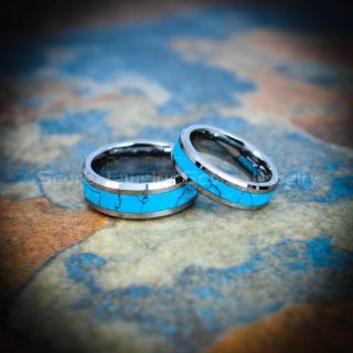 Turquoise Rings, Turquoise Wedding Bands, 2 Piece Couple Set Silver Tungsten Bands, Turquoise Inlay Wedding Rings, Silver Tungsten Wedding Rings