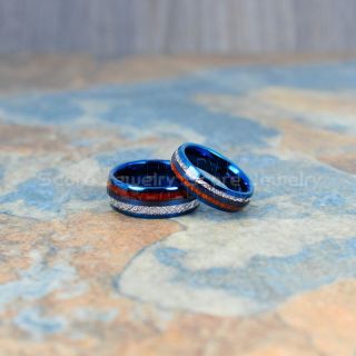 Meteorite Rings, Koa Wood Rings, Wood Wedding Bands, Koa Wood Wedding Rings, 2 Piece Couple Set, Blue Tungsten Bands with Meteorite Inlay, Meteorite Wedding Bands, Meteorite Wedding Rings, Blue Tungsten Rings