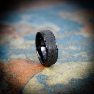 Damascus Steel Ring, Damascus Ring, Damascus Jewelry, Damascus Steel Wedding Ring, Damascus Steel Pattern Laser Engraved Tungsten Wedding Ring, Black Wedding Band