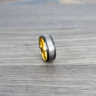 8mm Black Tungsten Ring with Black Step Edge and 14K Yellow Gold Interior, Black Tungsten Wedding Band, Black Wedding Band, Black Wedding Ring, Black Tungsten Wedding Ring