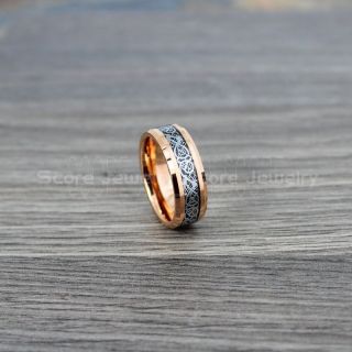 Dragon Ring, Dragon Inlay Ring, Celtic Ring, 14K Rose Gold Tungsten Ring, Rose Gold Wedding Band, Rose Gold Tungsten Ring with Black Carbon Fiber and Silver Celtic Dragon Inlay Ring