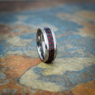 Silver Tungsten Ring, Silver Tungsten Wedding Ring, Silver Wedding Band, Silver Tungsten Ring with Red Carbon Fiber Inlay and Damascus Steel Pattern, Silver Tungsten Wedding Band