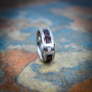 Damascus Steele Ring, 8mm Silver Tungsten Band with Red Carbon Fiber Inlay AAA CZ Stone Damascus Steel Pattern Laser Engraved, Carbon Fiber Ring, Silver Tungsten Ring, Tungsten Ring with Black Carbon Fiber and Red Carbon Fiber Inlay Ring