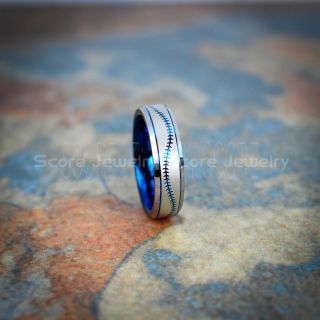 Baseball Ring, Baseball Stitch Pattern Ring, Blue Tungsten Ring, Baseball Jewelry, Blue Wedding Band, Blue Wedding Ring