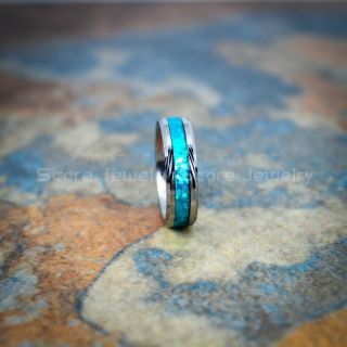 Opal Ring, Blue Opal Ring, Silver Tungsten Band with Opal Inlay Damascus Steel Pattern, Opal Wedding Band, Opal Wedding Ring, Silver Tungsten Ring