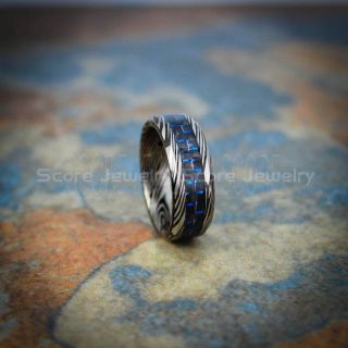Damascus Steele Ring, Carbon Fiber Ring, Black Tungsten Ring, Black Wedding Band, Black Tungsten Ring with Black Carbon Fiber and Blue Carbon Fiber Inlay Ring