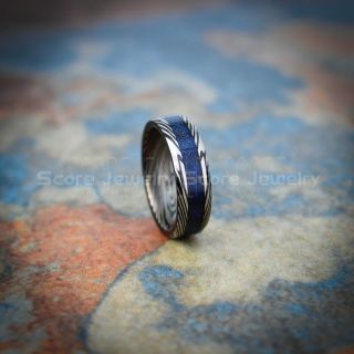 Damascus Steele Ring, Carbon Fiber Ring, Black Tungsten Ring, Black Wedding Band, Black Tungsten Ring with Blue Carbon Fiber and Black Dragon Inlay Ring