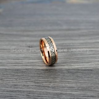 Dragon Ring, Dragon Inlay Ring, Celtic Ring, 14K Rose Gold Tungsten Ring, Rose Gold Wedding Band, Rose Gold Tungsten Ring with Black Carbon Fiber and Silver Celtic Dragon Inlay Ring