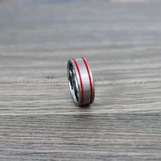 Red Ring, Red Wedding Ring, Silver Tungsten Ring with Two Red Grooves, Silver Wedding Band, Silver Wedding Ring