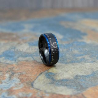 Deer Antler Ring, Deer Hunting Ring, Black Tungsten Rings, Black Tungsten Wedding Band, Deer Antler and Heartbeat Ring, Heartbeat Wedding Band, Tungsten Ring, Black Wedding Band