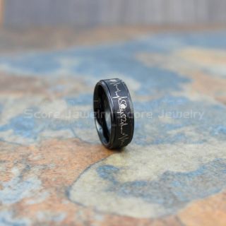 Football Ring, Heartbeat Football Ring, Black Tungsten Ring, Black Wedding Band, Football Jewelry 
