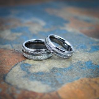 Meteorite Rings, Meteorite Wedding Rings, Silver Tungsten Bands with Meteorite Inlay, Meteorite Wedding Bands, Meteorite Wedding Rings, Silver Tungsten Rings