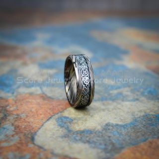 Damascus Steele Ring, Carbon Fiber Ring, Black Tungsten Ring, Black Wedding Band, Black Tungsten Ring with Black Carbon Fiber and Silver Dragon Inlay Ring