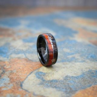 Koa Wood Ring, Koa Wood Wedding Band, 8mm Black Tungsten Band with Domed Edge and Koa Wood Inlay, Koa Wood Tungsten Wedding Ring