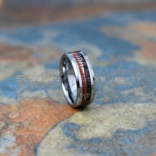 Koa Wood Ring, Koa Wood Wedding Band, 8mm Silver Tungsten Band with Beveled Edge and Koa Wood Inlay, Koa Wood Tungsten Wedding Ring