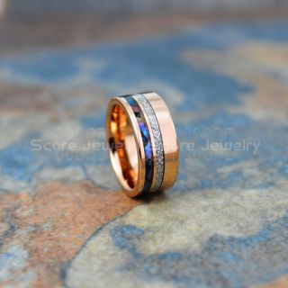 Meteorite Ring, Abalone Shell Ring, Abalone Ring, 10mm 14K Rose Gold Tungsten Wedding Band, Tungsten Ring with Imitation Meteorite Texture Inlay