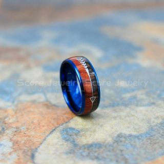 Koa Wood Ring, Koa Wood Wedding Band, 8mm Blue Tungsten Band with Domed Edge and Koa Wood Inlay, Koa Wood Tungsten Wedding Ring