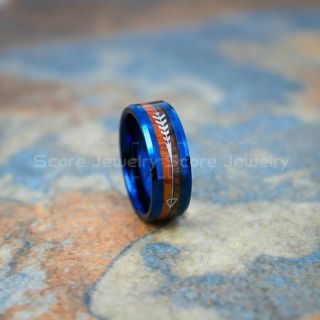Koa Wood Ring, Koa Wood Wedding Band, 8mm Blue Tungsten Band with Beveled Edge and Koa Wood Inlay, Koa Wood Tungsten Wedding Ring