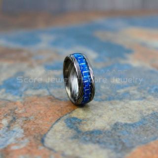 Damascus Steele Ring, Carbon Fiber Ring, Black Tungsten Ring, Black Wedding Band, Black Tungsten Ring with Blue Carbon Fiber and Black Dragon Inlay Ring