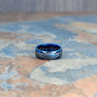 American Flag Ring, Camo Ring, Camouflage Ring, American Flag Wedding Band with Celtic Knot Pattern, 8mm Blue Tungsten Ring, Blue Wedding Band, Blue Tungsten Band, Military Ring