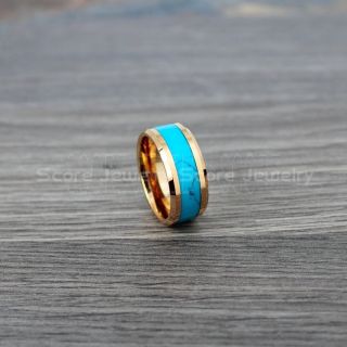 Turquoise Ring, Turquoise Wedding Band, Turquoise Band, 10mm 14K Rose Gold Tungsten Band, Rose Gold Wedding Band, Turquoise Tungsten Wedding Ring