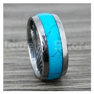 Turquoise Ring, Turquoise Wedding Band, Silver Tungsten Band Turquoise Inlay, Damascus Steel Pattern Laser Engraved, Turquoise Tungsten Wedding Ring