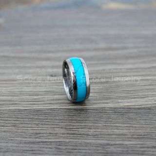 Turquoise Ring, Turquoise Wedding Band, Silver Tungsten Band Turquoise Inlay, Damascus Steel Pattern Laser Engraved, Turquoise Tungsten Wedding Ring