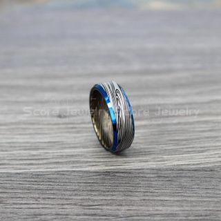 Damascus Steel Ring, Damascus Ring, Damascus Jewelry, Damascus Steel Wedding Ring, Damascus Steel Pattern Laser Engraved Tungsten Wedding Ring, Black Wedding Band