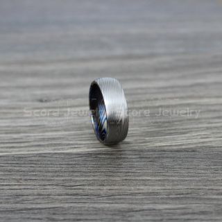 Damascus Steel Ring, Damascus Steel Wedding Band, Silver Ring, Silver Tungsten Band Damascus Steel Pattern Laser Engraved Tungsten Wedding Ring