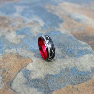 Rabbit Ring, Hopping Rabbits Ring, Bunny Ring, Bunny Jewelry, Rabbit Hunting Ring, Black Tungsten Band, Black Wedding Band